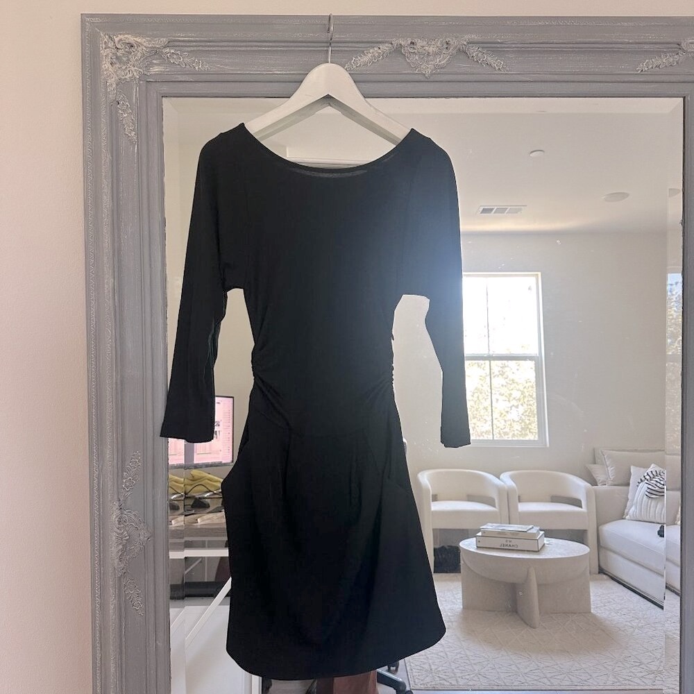Theory Black 90s Bateau Wool Blend Ruched Fitted 3/4 Sleeve Pencil Skirt Dress